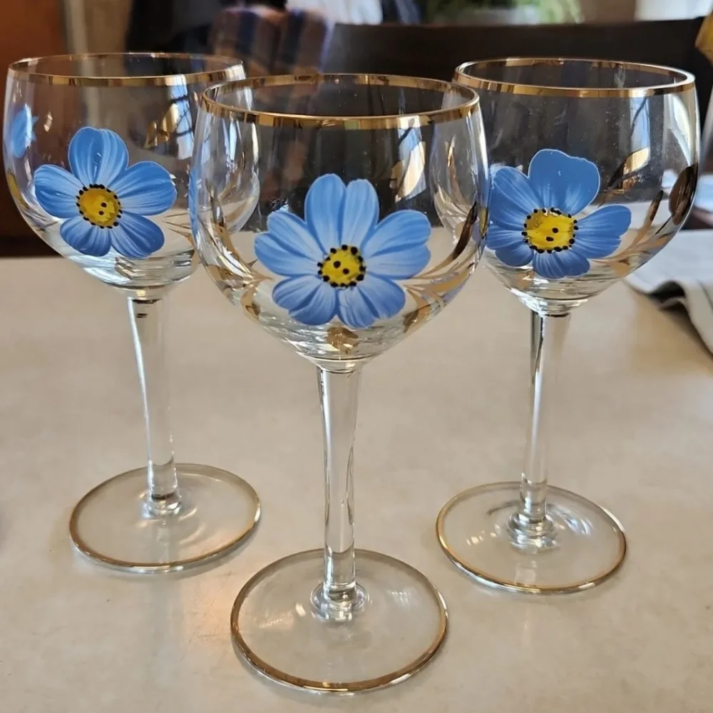 Vtg Romanian Glass Decanter Set 6 Wine Glasses Hand Painted Blue Floral Gold Rim